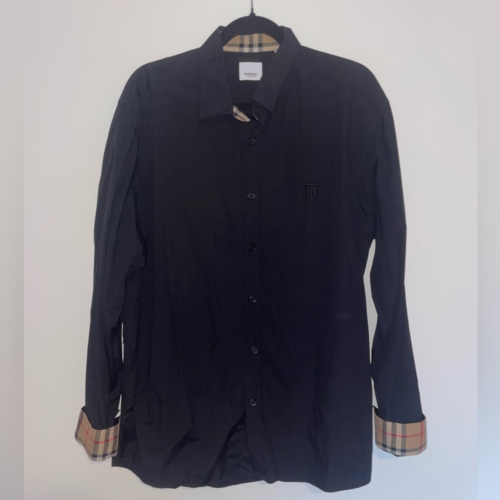 Black Burberry Button-Up Shirt with Plaid Cuffs